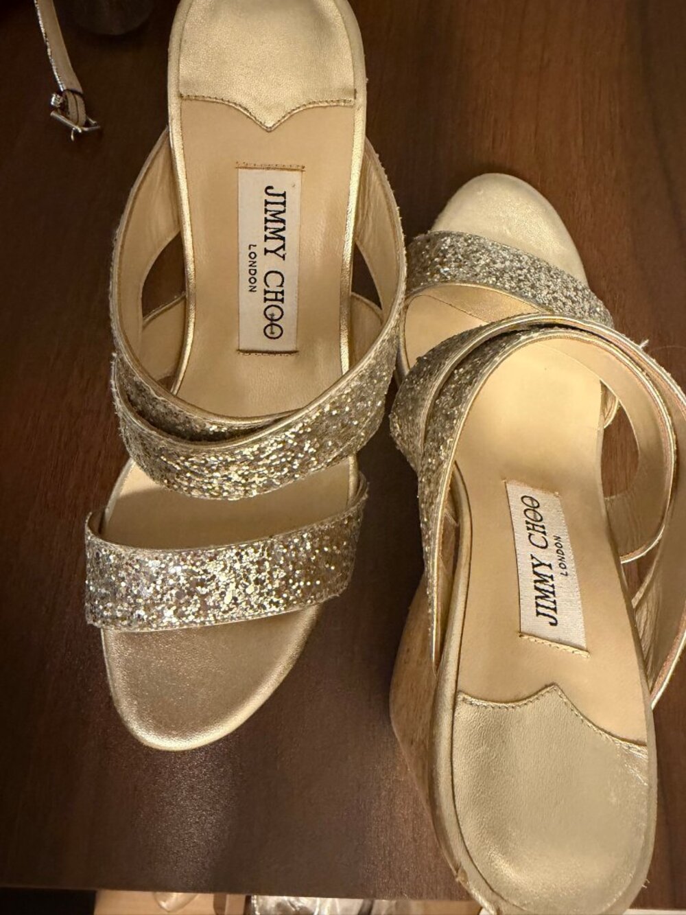 Jimmy Choo Champagne Gold Glitter Cork Wedge Sandals EU 37 US 7